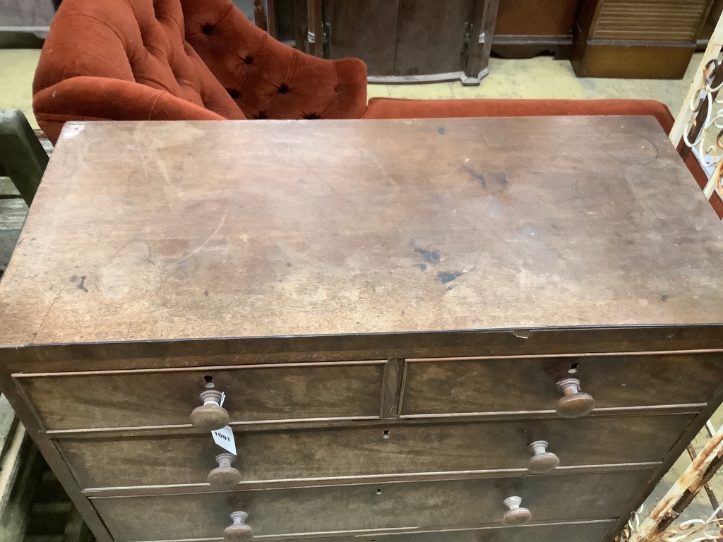 A Regency faded mahogany five drawer chest, af, width 92cm, depth 43cm, height 92cm